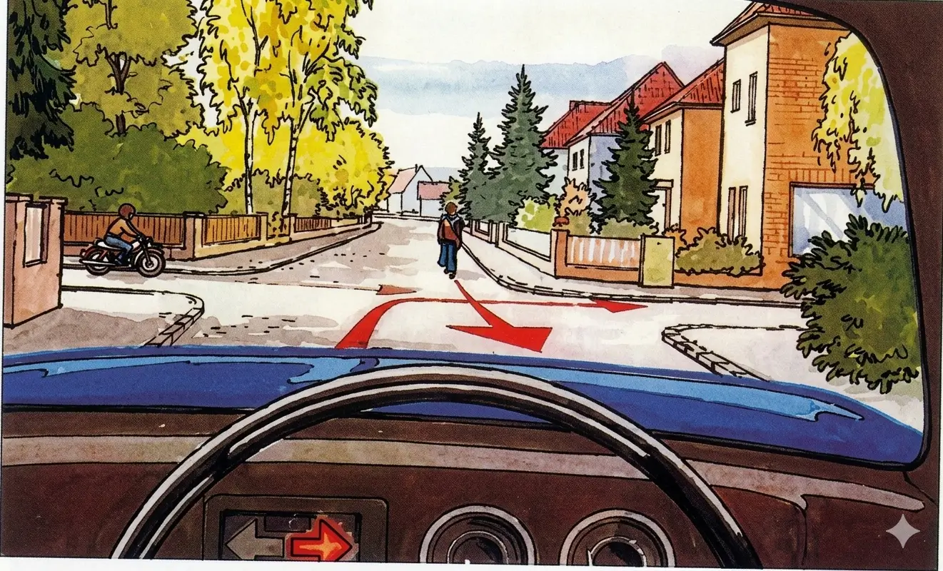 Illustration of a four-way intersection seen from a car’s perspective. The car is intending to turn right. The motocyclist is crossing from left to right in front of the junction. A motorcyclist is approaching head on, in the oncoming lane.